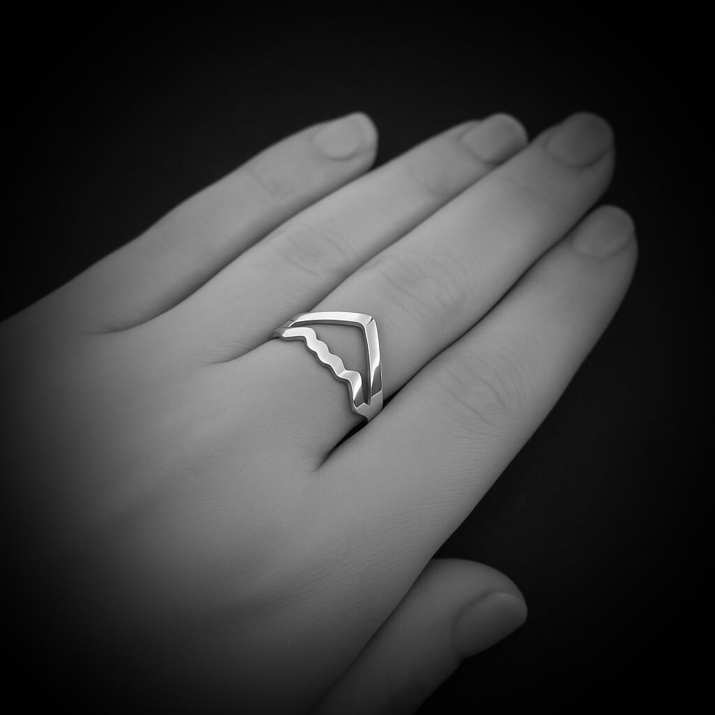 B-2 Spirit Bomber Military Jet Plane Silver ring on a hand against a black background
