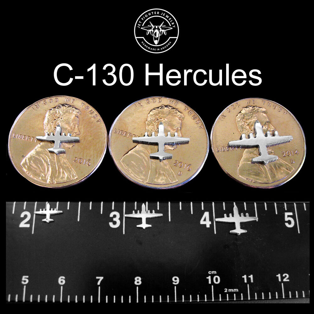 Image of 3 pennies and a ruler with the silhouette of a c130 Hercules military aircraft to show size options