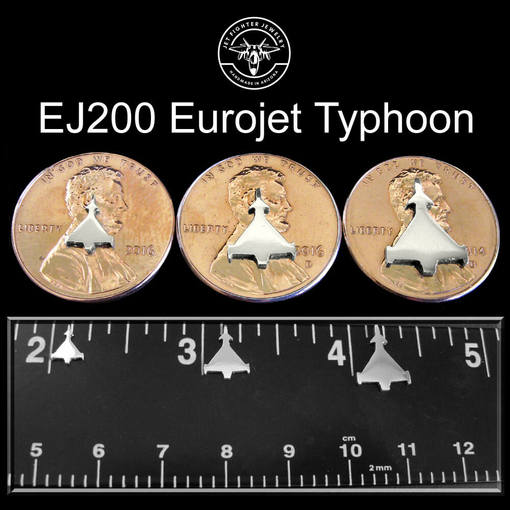 Eurofighter Typhoon jet stud earrings size chart – EJ200 Eurojet in sterling silver with penny and ruler for scale
