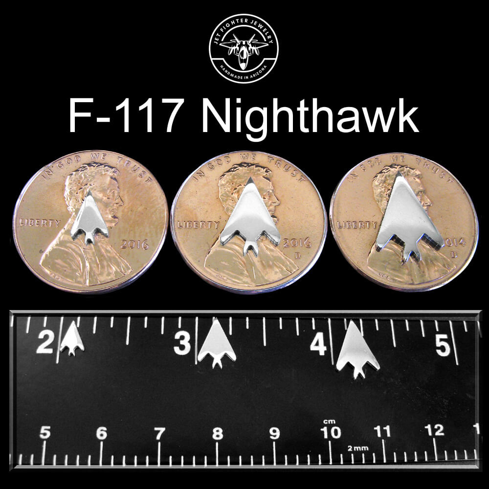 Sterling Silver silhouettes of F-117 Nighthawk Fighter Jet shown on a ruler and pennies in 3 different sizes for stud earrings