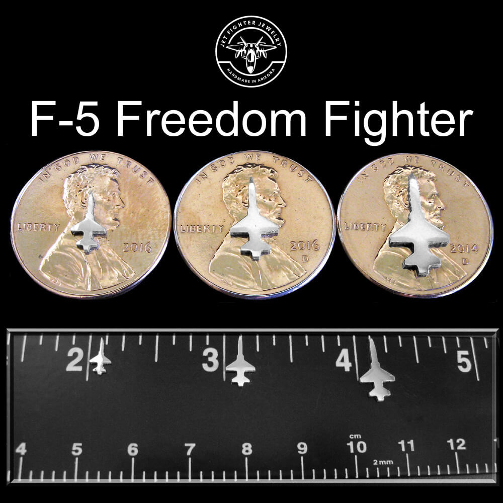 Silver silhouettes of an F-5 Fighter Jet shown on a ruler and pennies in 3 sizes for stud earrings