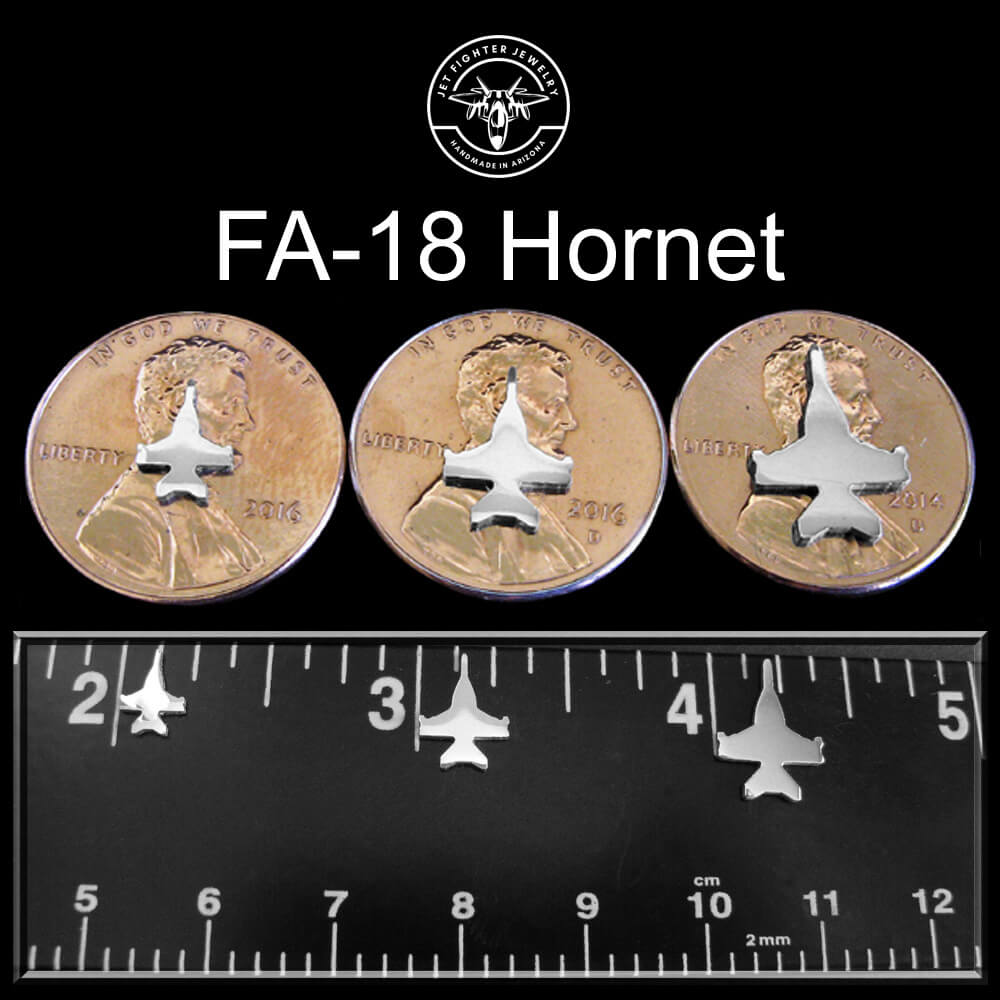 Silver silhouettes of an F-18 fighter jet shown on a ruler and pennies in 3 unique sizes for stud earrings