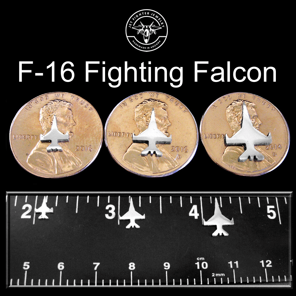F-16 Fighting Falcon stud earrings displayed on U.S. pennies and a metric ruler for size reference—handmade military jet jewelry by Jet Fighter Jewelry, crafted in Arizona.