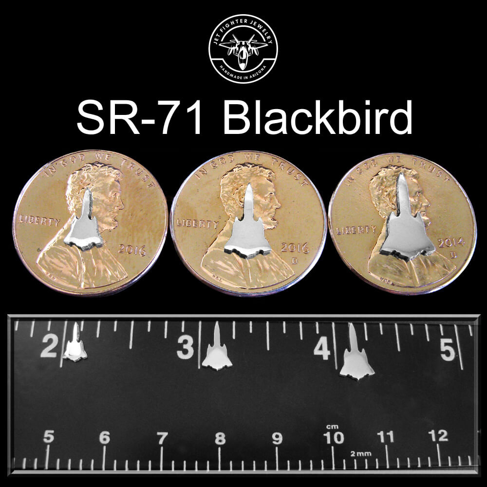 Silver silhouettes of an SR-71 military fighter jet shown on a ruler and pennies in 3 unique sizes for stud earrings