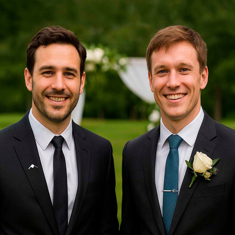 Two men in suits standing outdoors with a blurred background