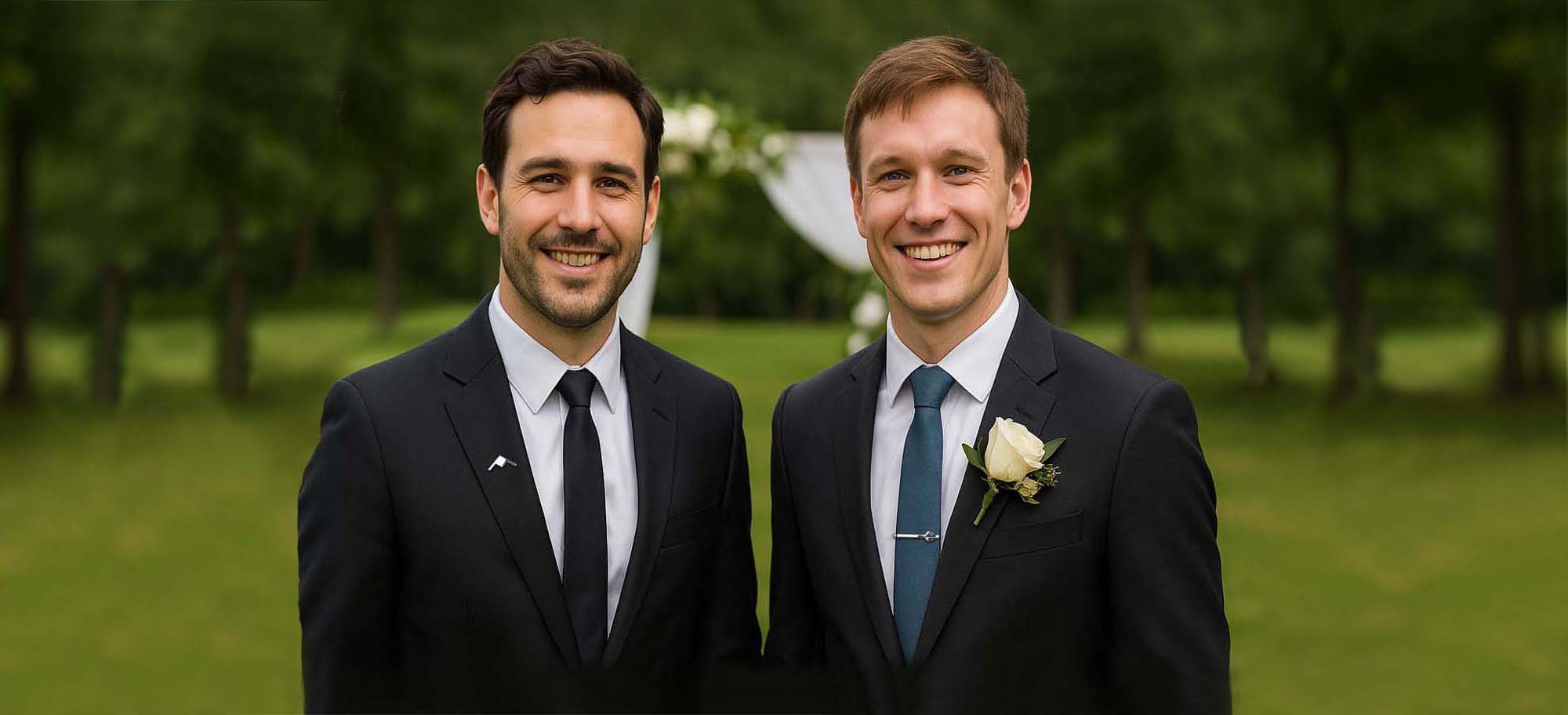 Two men in suits standing outdoors with a blurred background