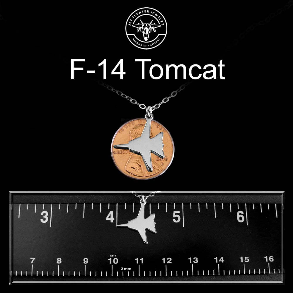 F-14 Tomcat necklace with pendant on a black background, featuring a ruler for scale.