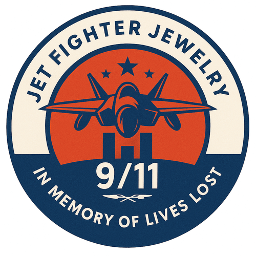 Logo for Jet Fighter Jewelry with a fighter jet and '9/11' on a circular design.