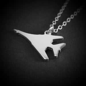 Close-up of sterling silver B-1 Lancer bomber pendant necklace – handmade aviation and military jewelry