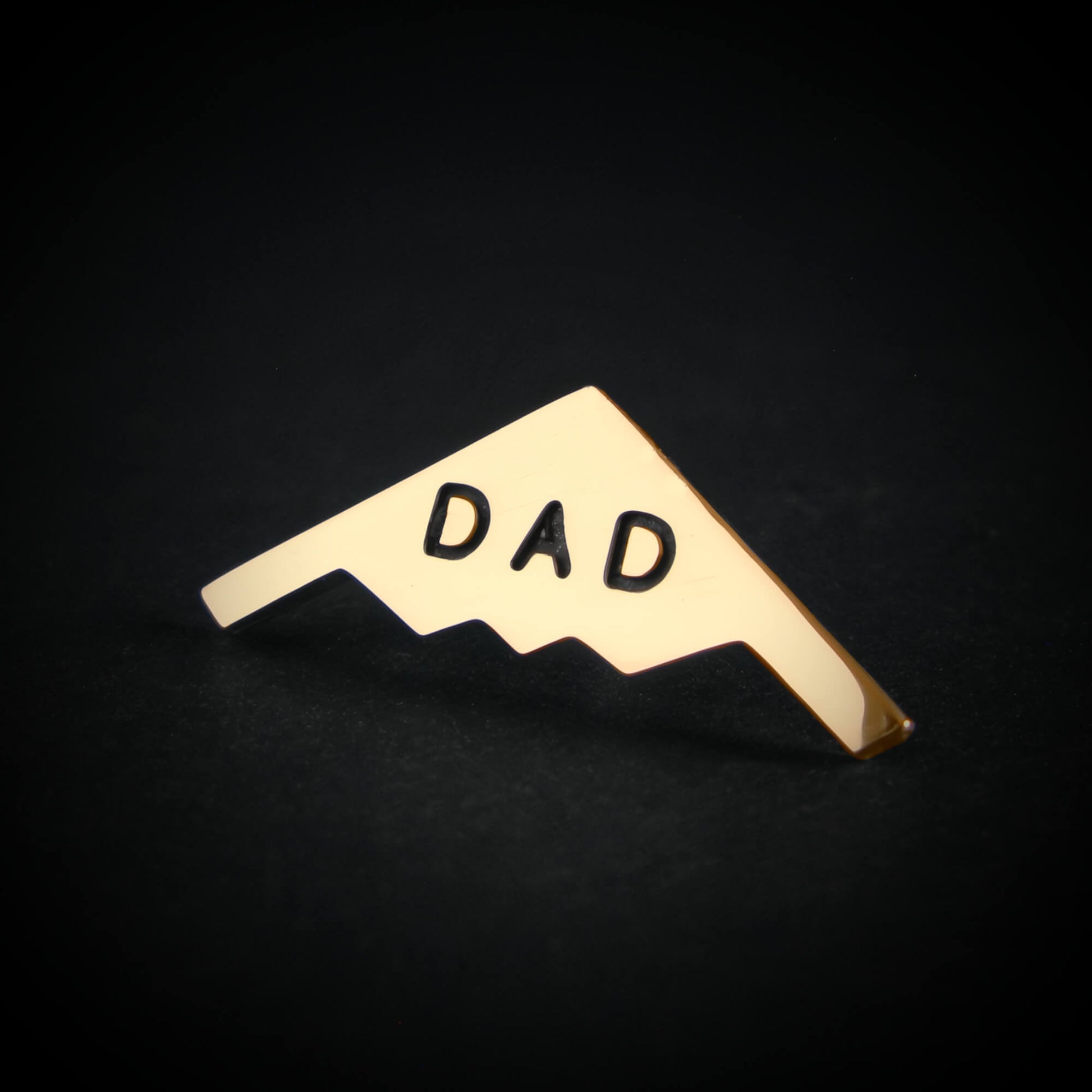 Engraved 14k gold B‑2 bomber pin with “DAD” – stealth military aviation tie tack gift for Father’s Day or pilot dads