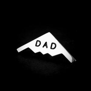 Engraved sterling silver B‑2 bomber pin with “DAD” – stealth jet jewelry for military dads or veterans