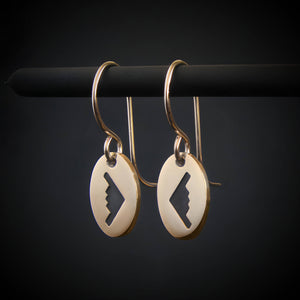 14k gold B‑2 Spirit bomber airplane oval dangle earrings on dark background – handmade aviation jewelry