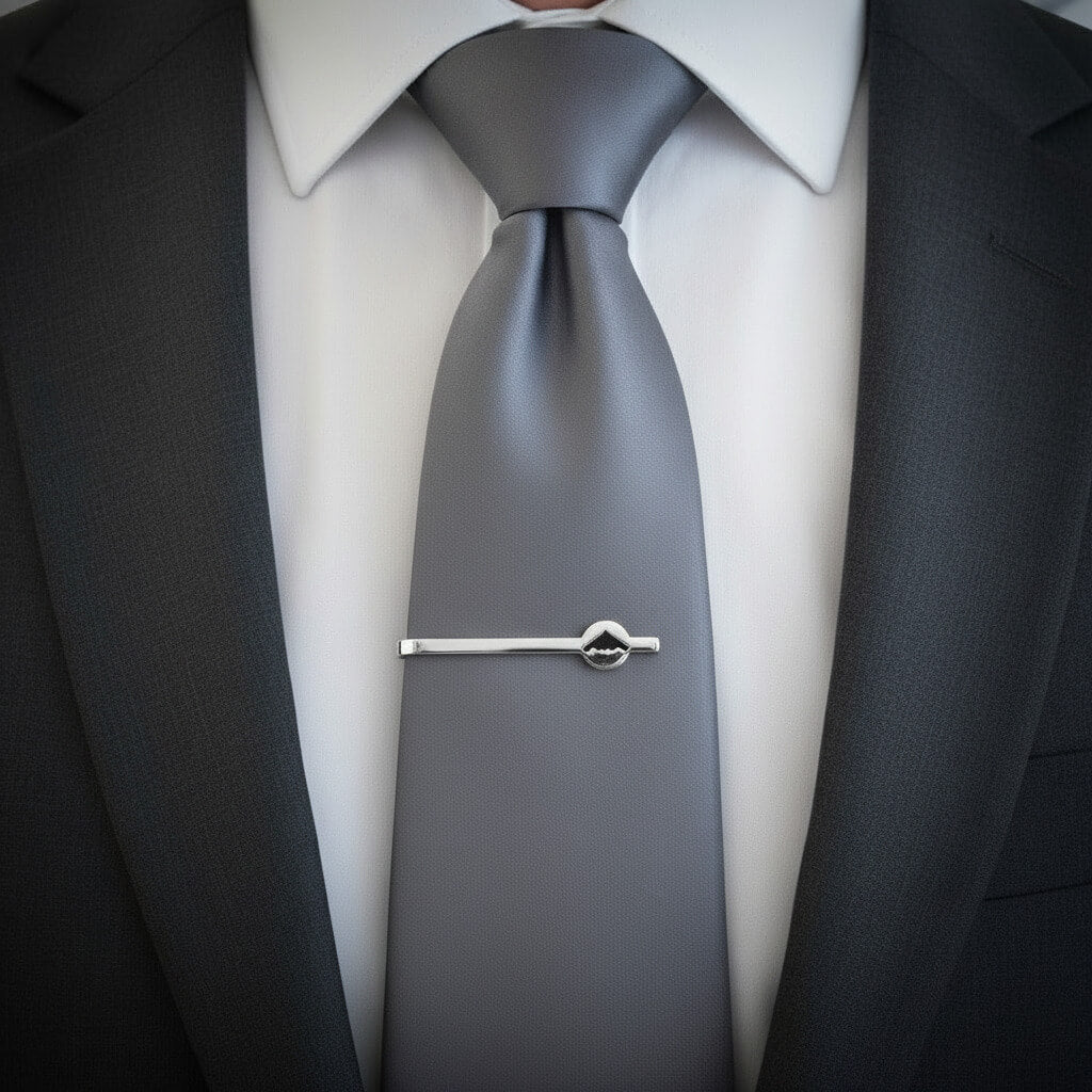 Gray tie with a silver B2 Bomber Military Jet tie clip on a white shirt and black suit.
