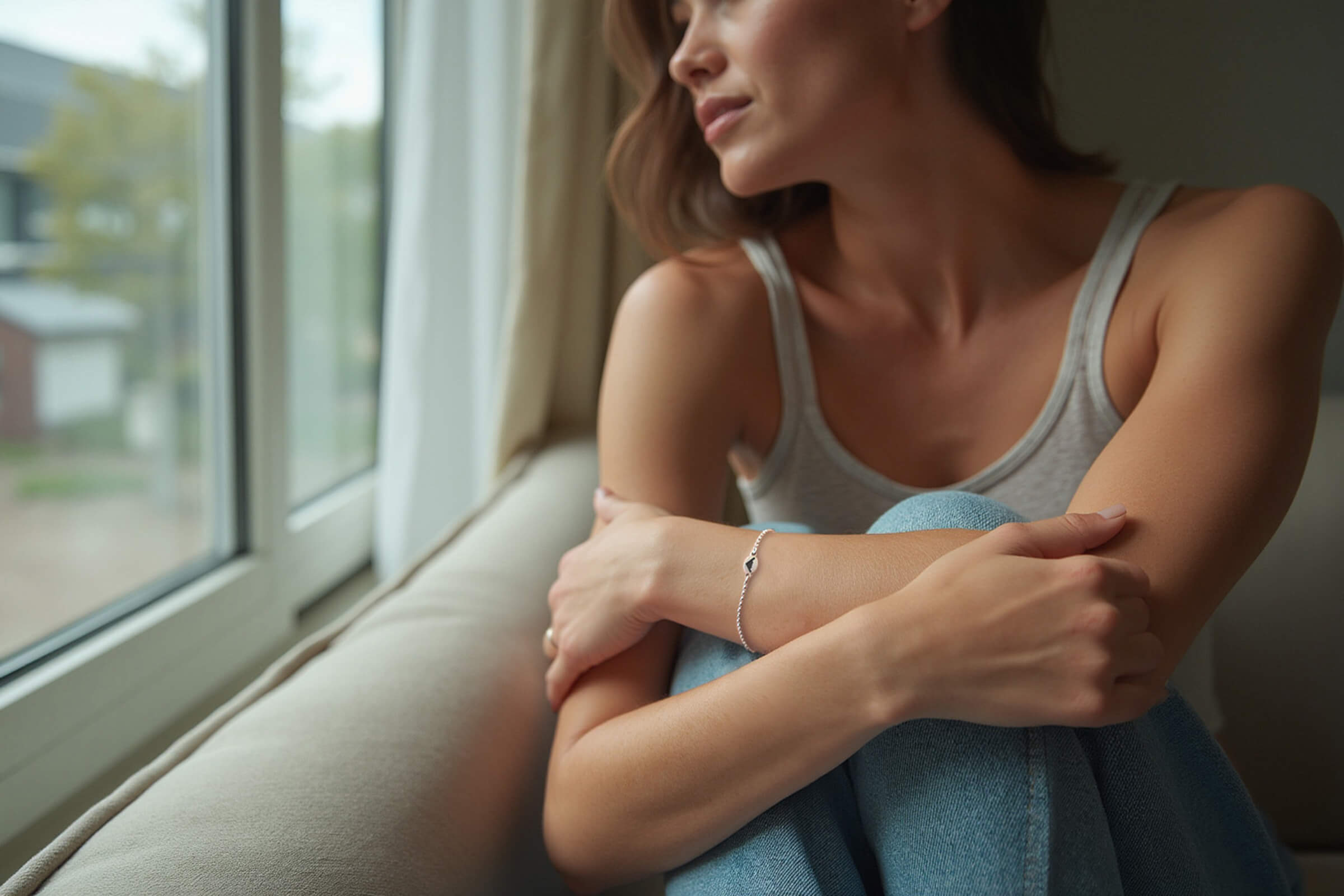 Woman sitting with her arms around her knees near a window wearing a dainty bracelet with an engraved B-2 bomber jet fighter