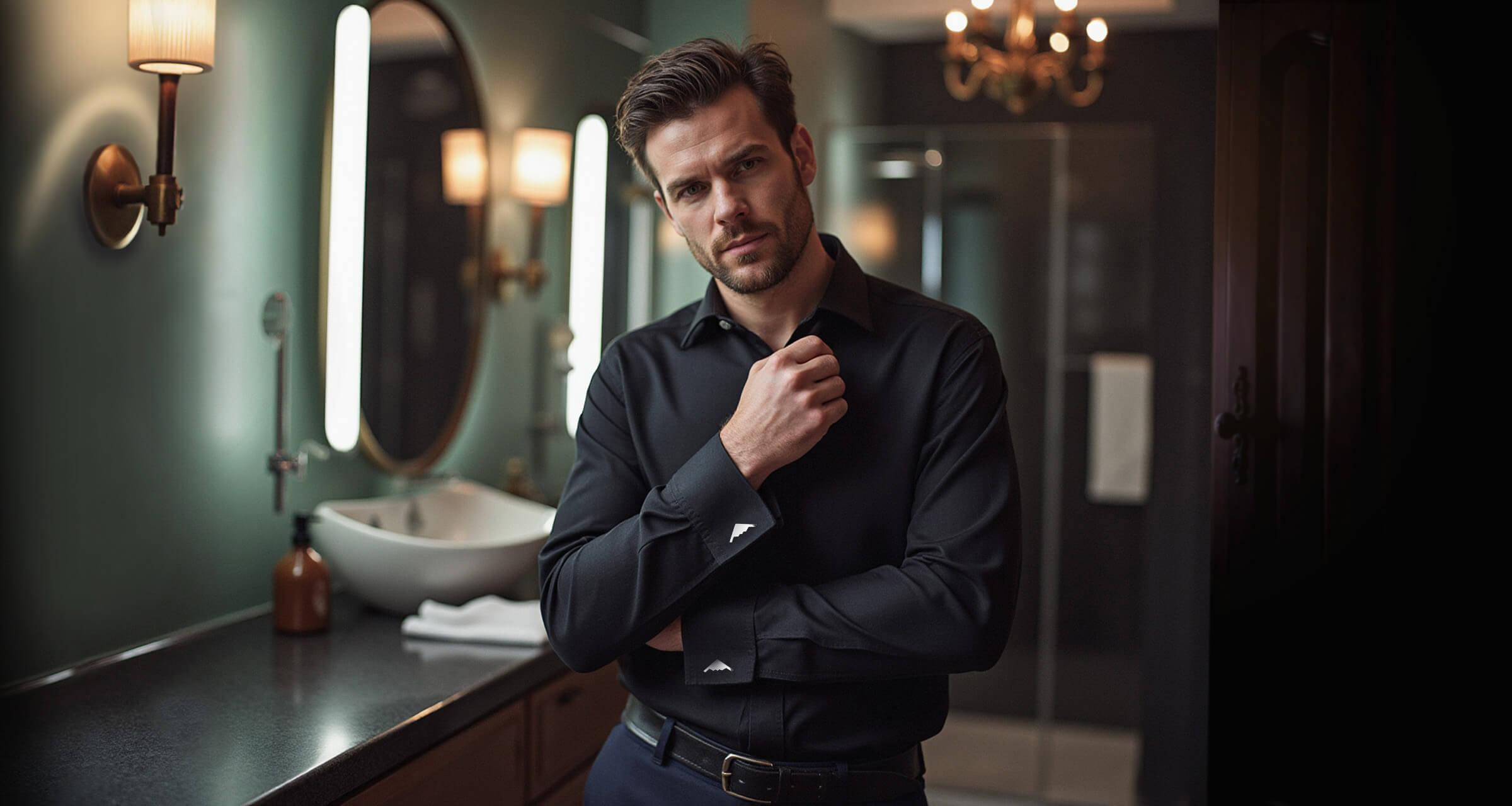 Man standing in bathroom from waist up wearing dress shirt with silver B-2 bomber jet cuff links