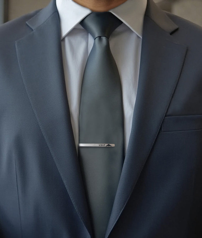 Chest close up picture of a man in formal wear with a USAF Sterling silver tie bar