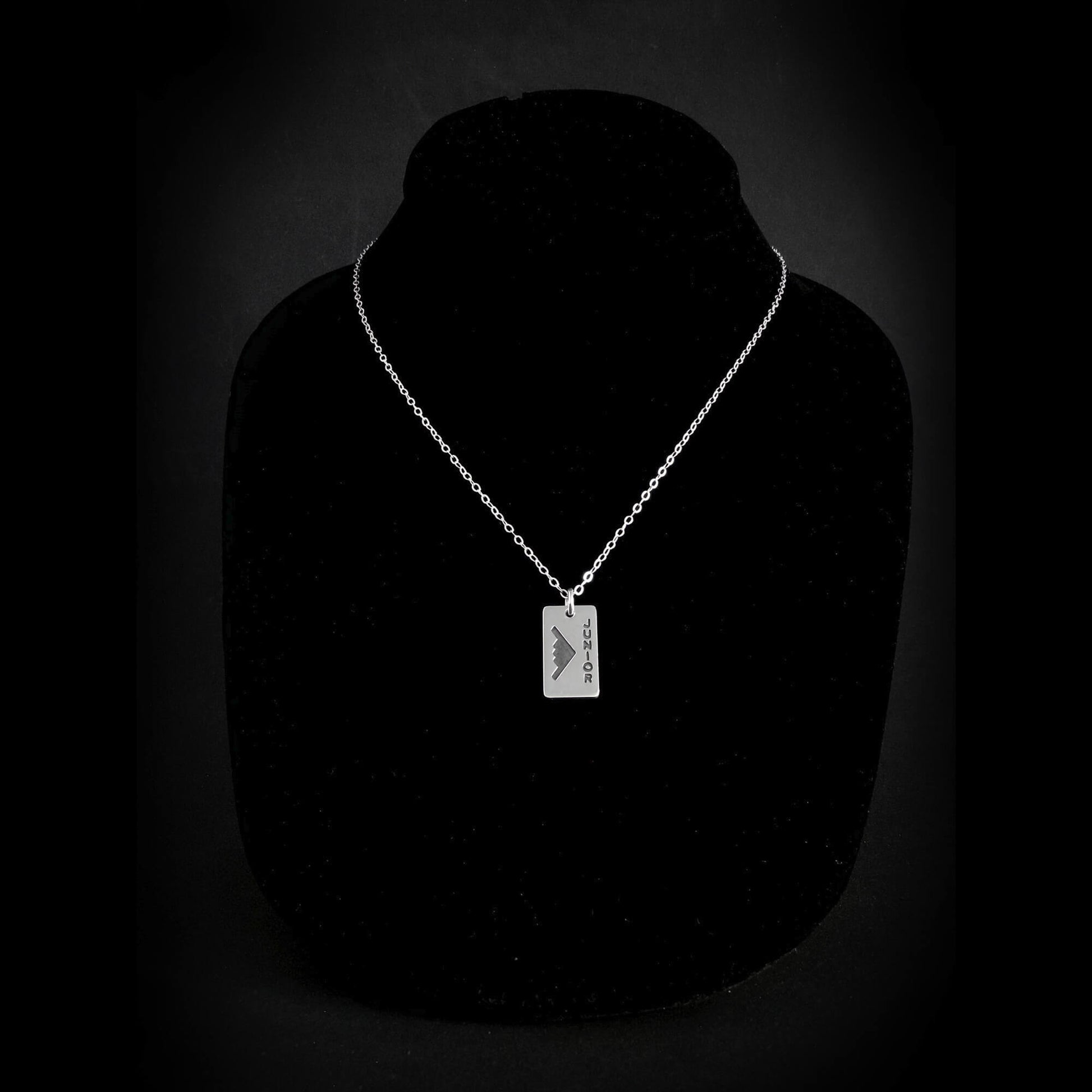 Sterling silver B‑2 Spirit bomber pendant necklace with “Junior” engraving displayed on necklace bust – handmade aviation jewelry
