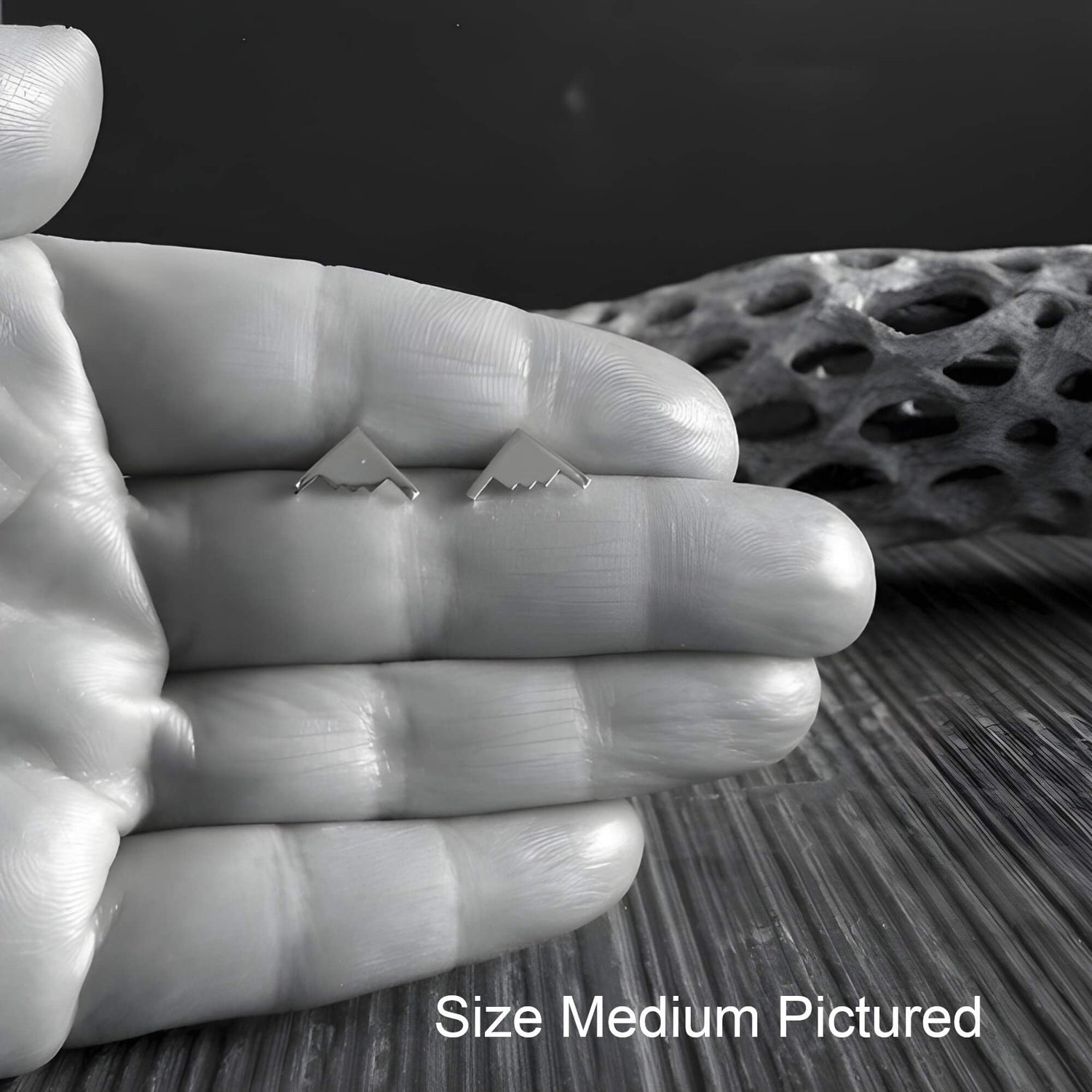 A hand holding a pair of B-2 Bomber Jet Fighter Stud Earrings with a piece of driftwood in the background