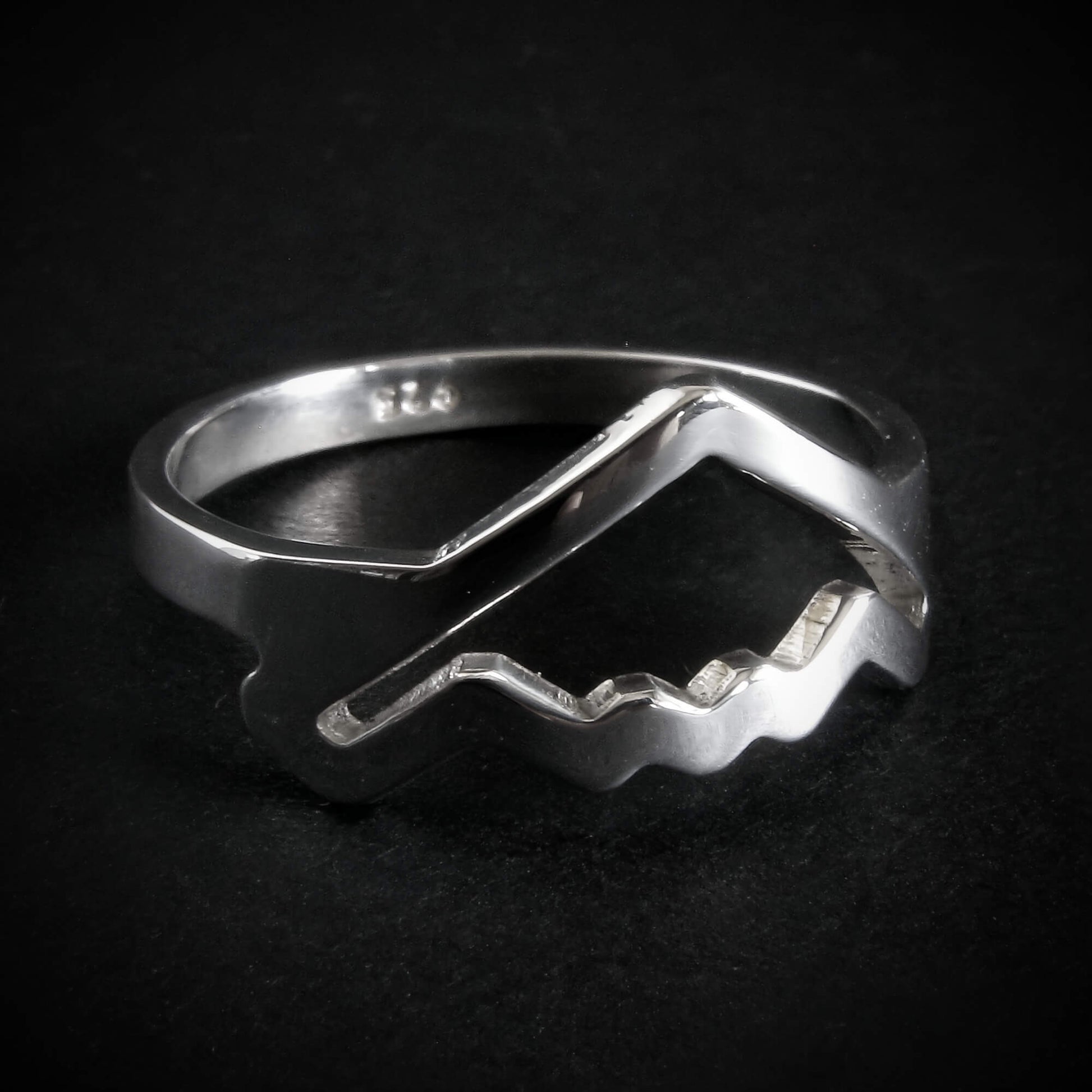 Silver B-2 Bomber Military Jet ring with wavy design on a black background