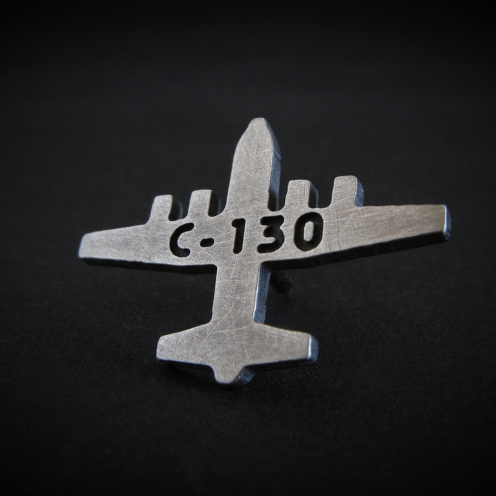 Engraved C-130 Hercules airplane tie pin –  antiqued sterling silver finish