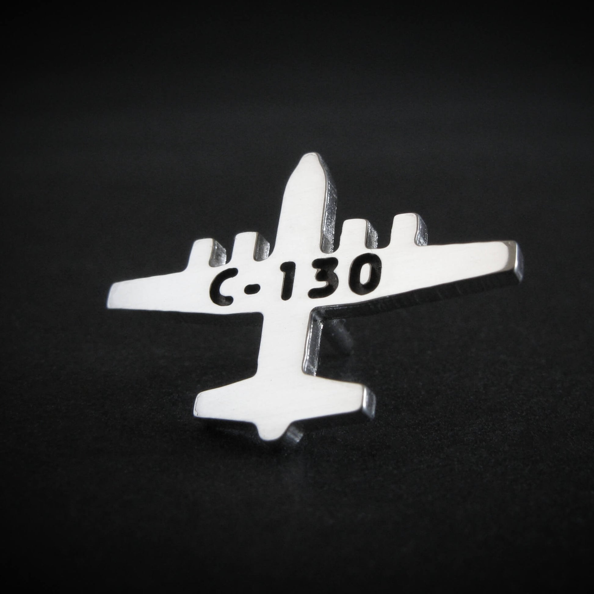 Engraved C-130 Hercules airplane tie pin – handcrafted polished silver aviation accessory