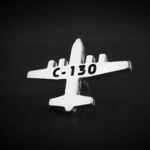 Engraved C-130 Hercules airplane tie pin – handcrafted polished silver aviation accessory