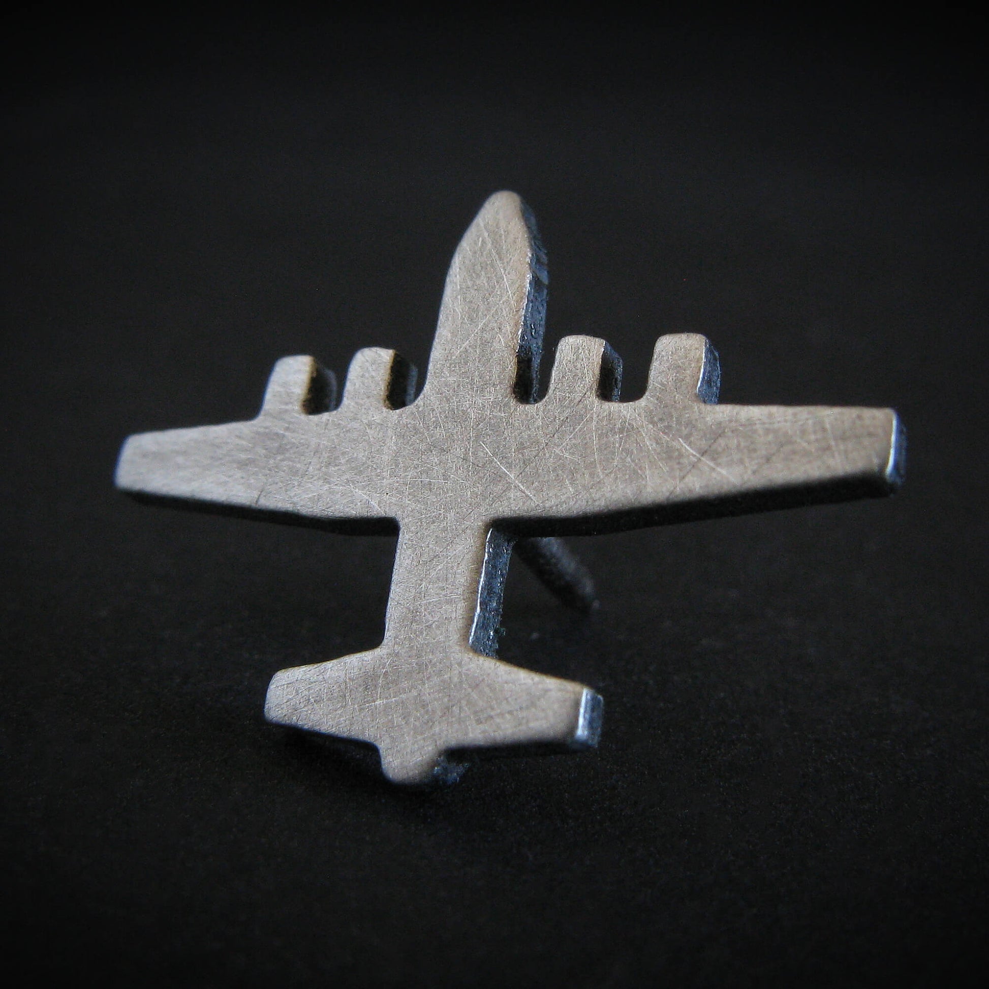 Antiqued sterling silver C-130 Hercules airplane silhouette tie tack – handcrafted military aviation jewelry