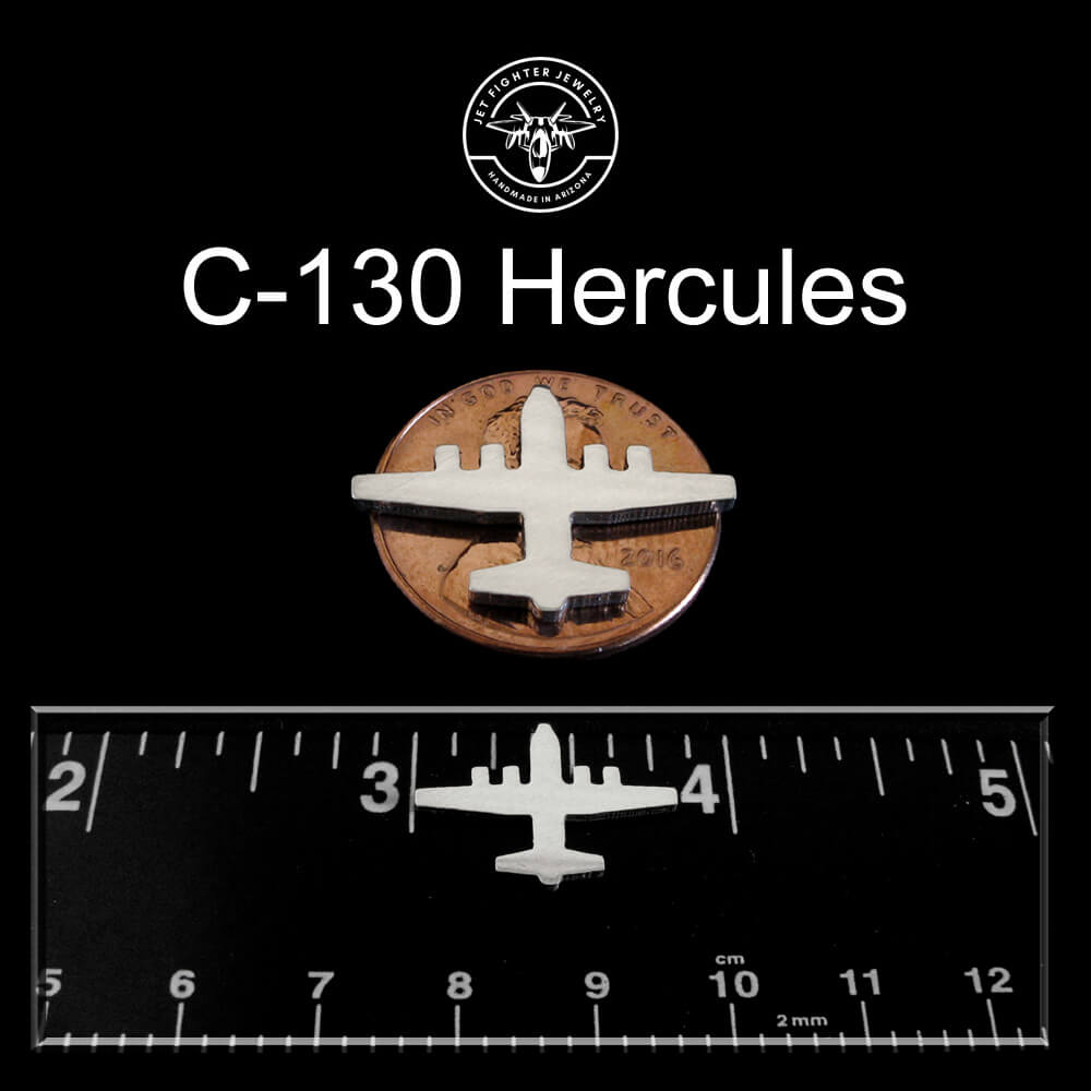 C-130 Hercules airplane tie tack size comparison – handmade sterling silver military aviation accessory shown with penny and ruler for scale