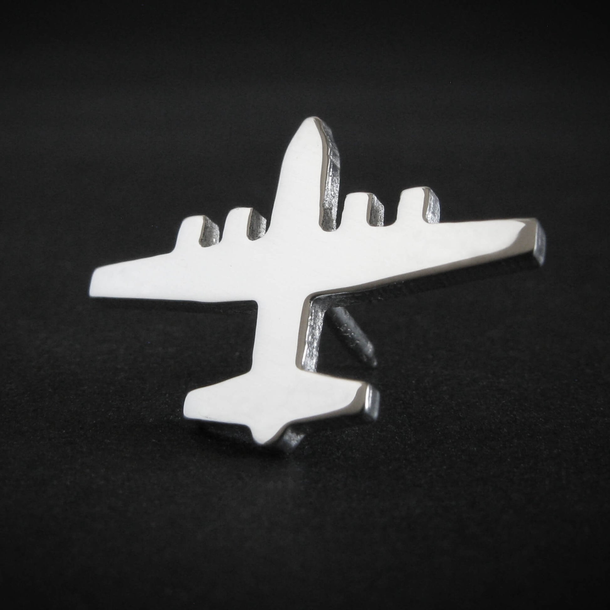 Polished sterling silver C-130 Hercules airplane silhouette tie tack – handcrafted military aviation jewelry