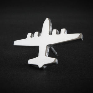 Polished sterling silver C-130 Hercules airplane silhouette tie tack – handcrafted military aviation jewelry