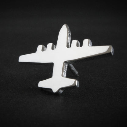 Polished sterling silver C-130 Hercules airplane silhouette tie tack – handcrafted military aviation jewelry