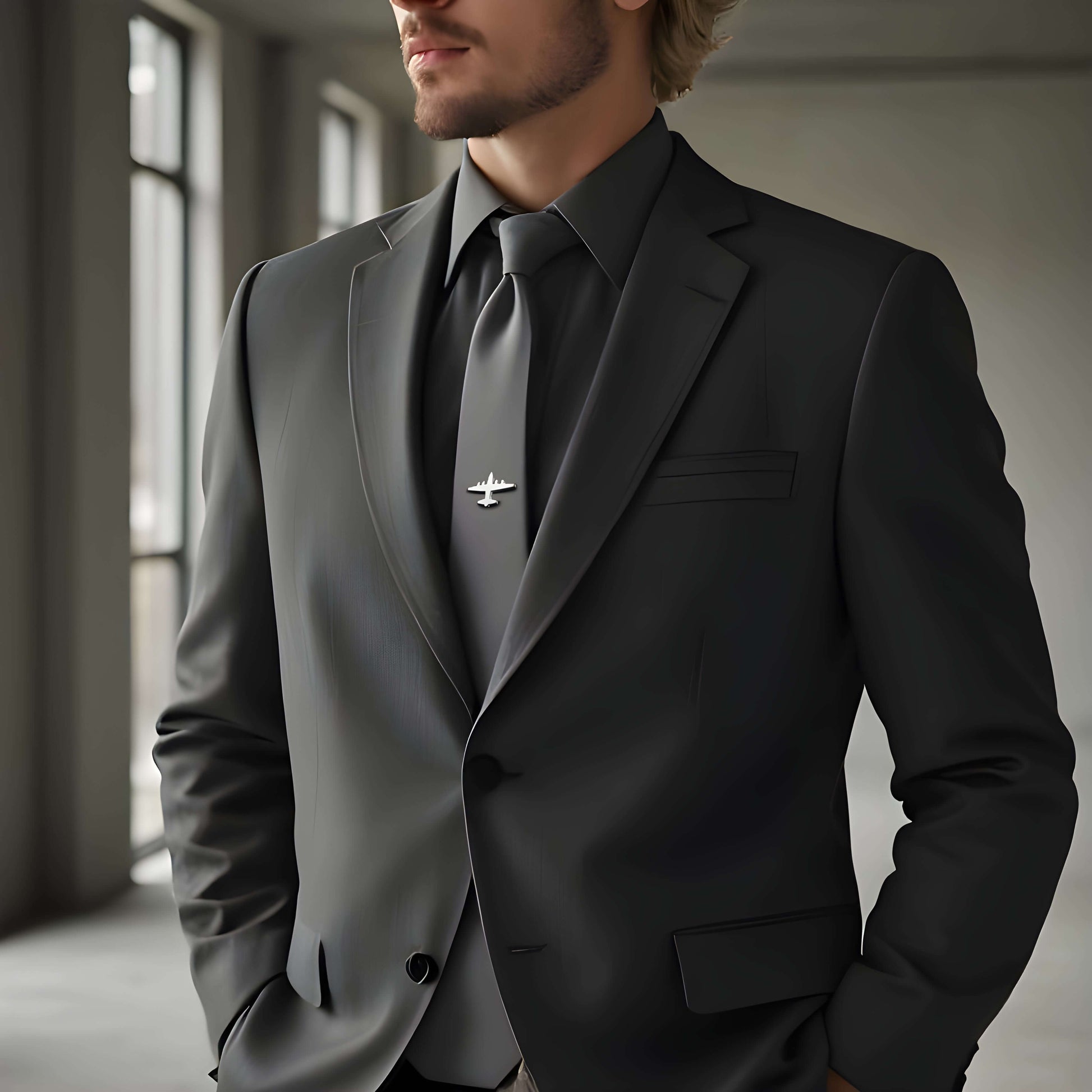 Man wearing polished sterling silver C-130 Hercules airplane tie tack – aviation-themed formal accessory