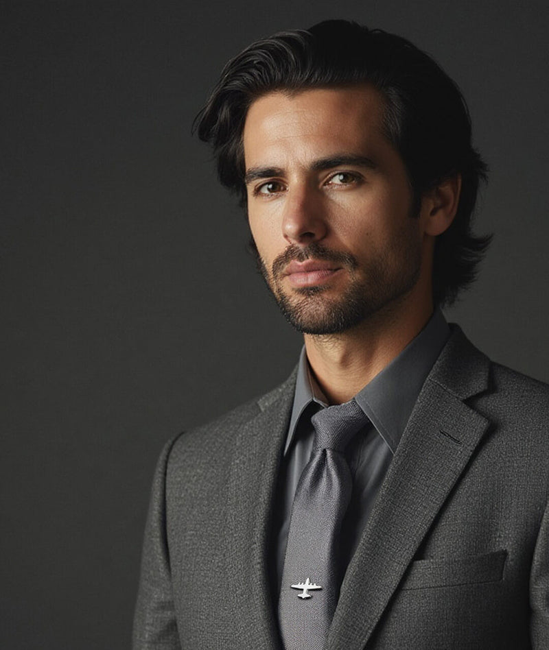 Photo from chest up of a male model in a suit and tie with a sterling silver C-130 Fat Albert airplane tie tack