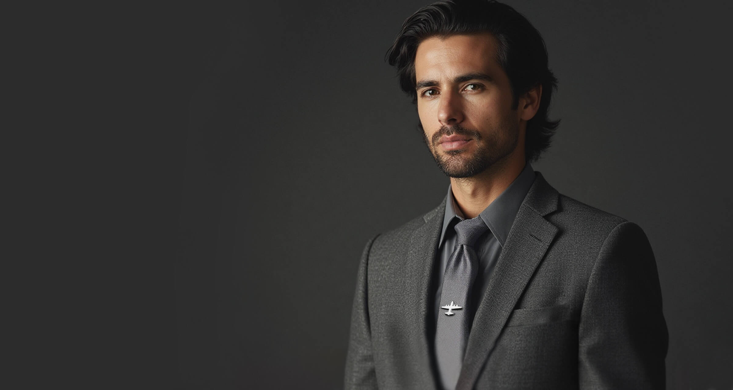 Man in formal wear suit and tie with a silver C-130 airplane tie pin
