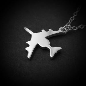 Close-up sterling silver E-3 Sentry AWACS pendant necklace aviation military jewelry