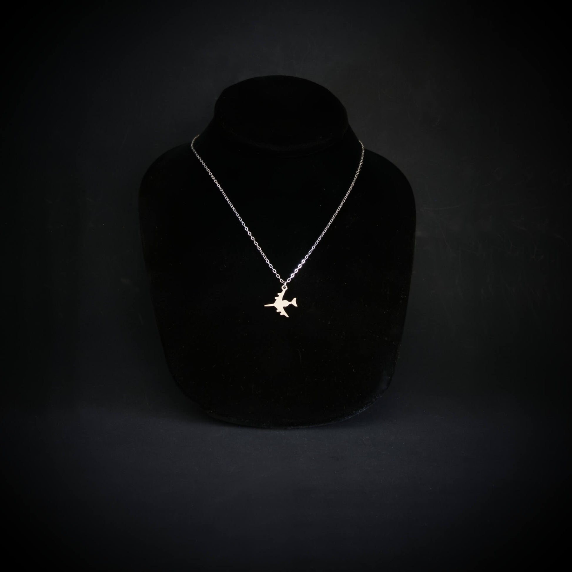 E-3 Sentry AWACS military jet airplane pendant necklace in sterling silver, handmade aviation jewelry on black display bust