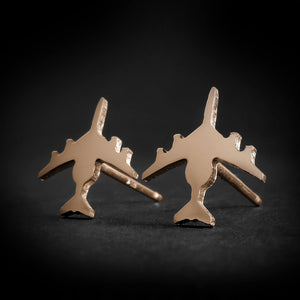14k Gold E-3 Sentry military jet airplane shaped earrings on a black background