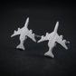 Brushed Silver E-3 Sentry military jet airplane shaped earrings on a black background