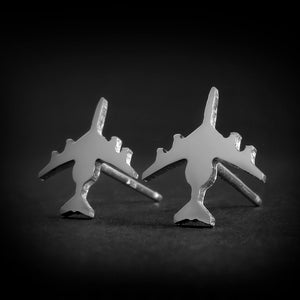 Polished Sterling Silver E-3 Sentry military jet airplane shaped stud earrings on a black background