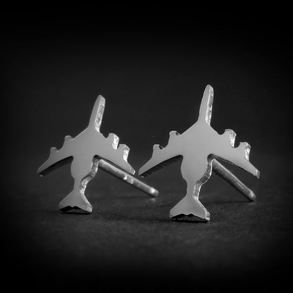 Polished Sterling Silver E-3 Sentry military jet airplane shaped stud earrings on a black background