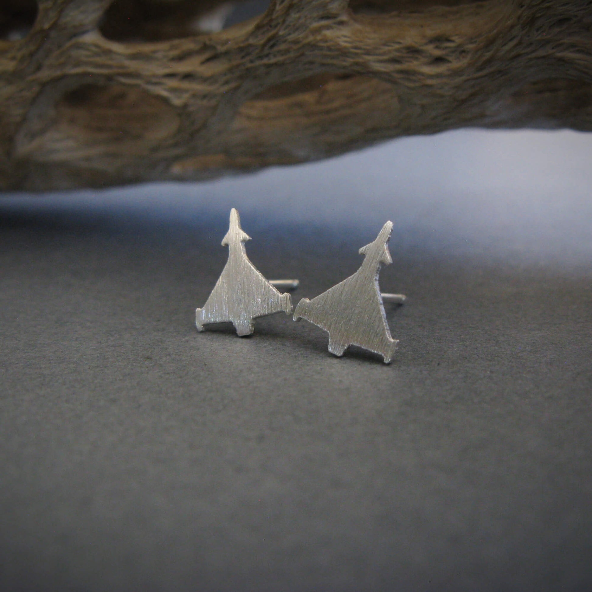 Brushed sterling silver Eurofighter jet stud earrings