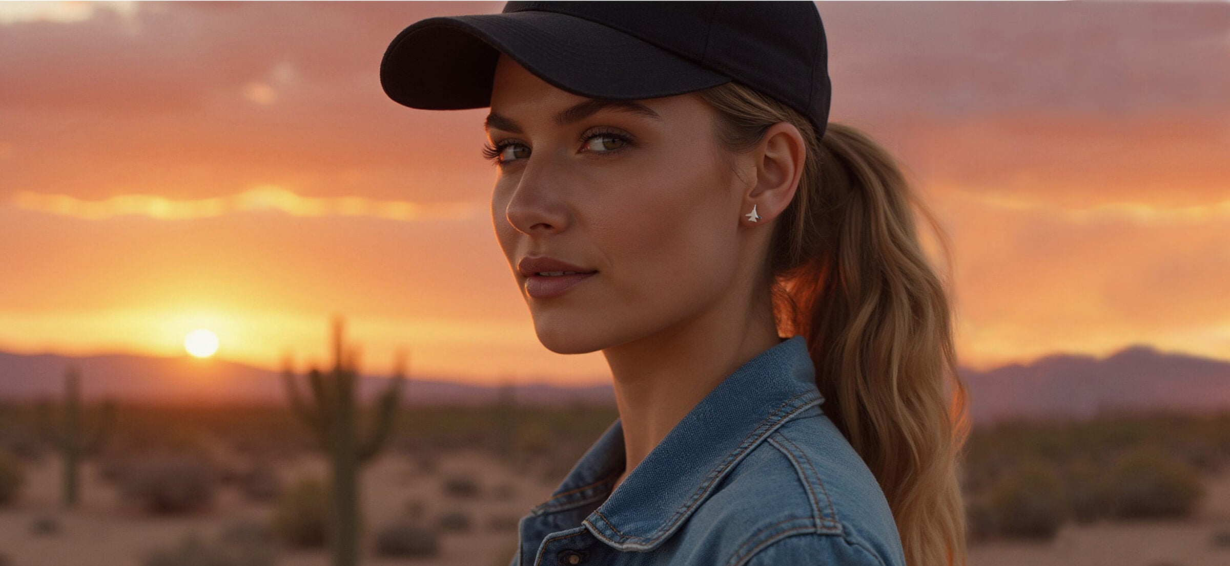 Woman outdoors in the desert at sunset wearing a baseball cap and F-15 Fighter Jet silver stud earring