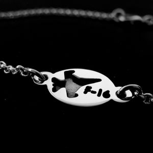Silver F-16 Military jet bracelet with an 'F-16' engraving on a black background