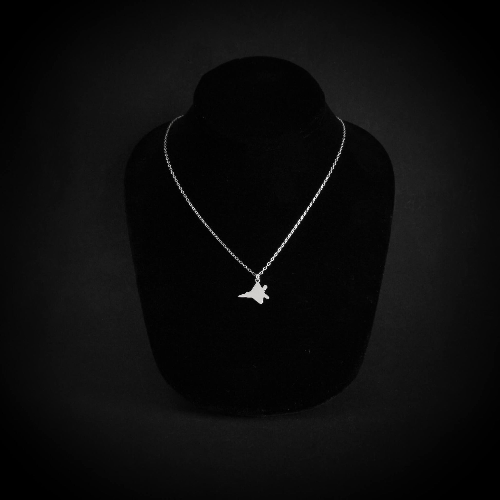 Sterling silver F-22 Raptor necklace on black velvet bust display