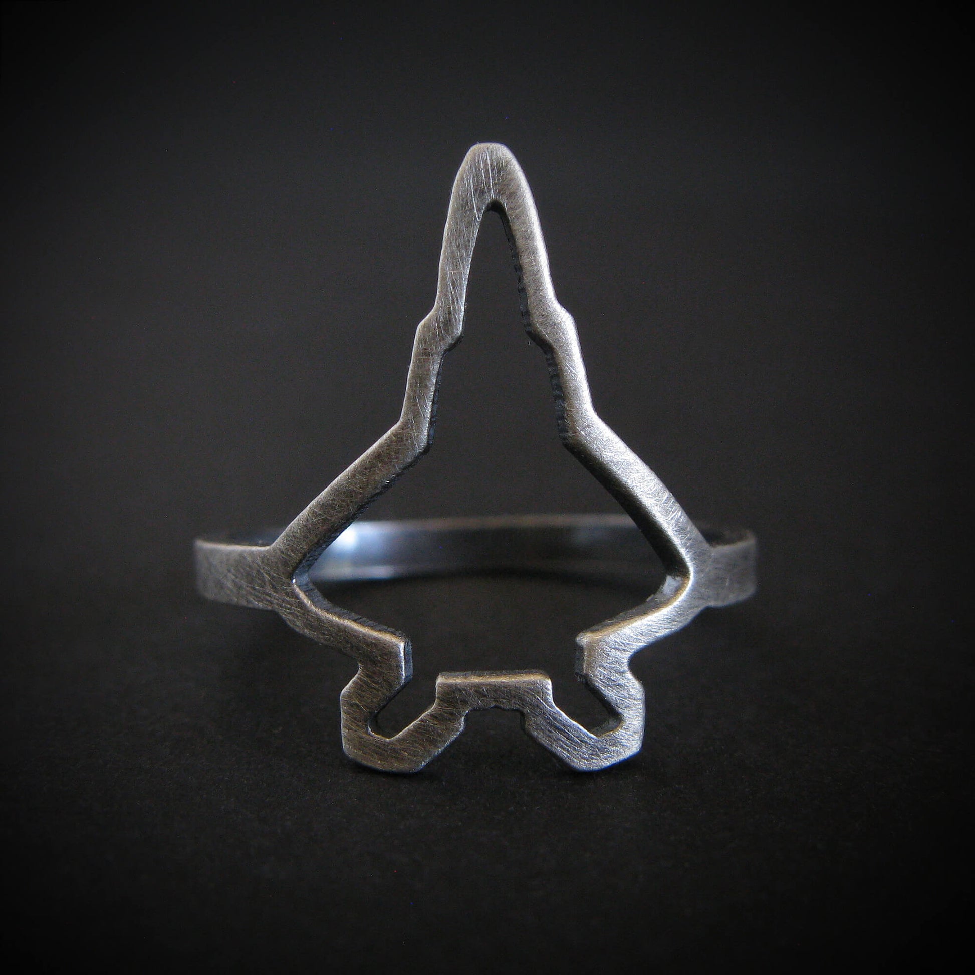 Antiqued sterling silver F‑22 Raptor fighter jet silhouette ring – handmade aviation jewelry