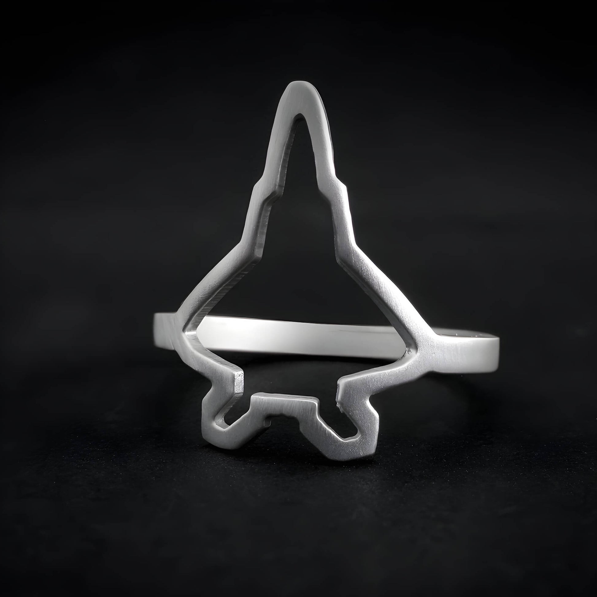 Satin sterling silver F‑22 Raptor military fighter jet silhouette ring – handmade aviation jewelry