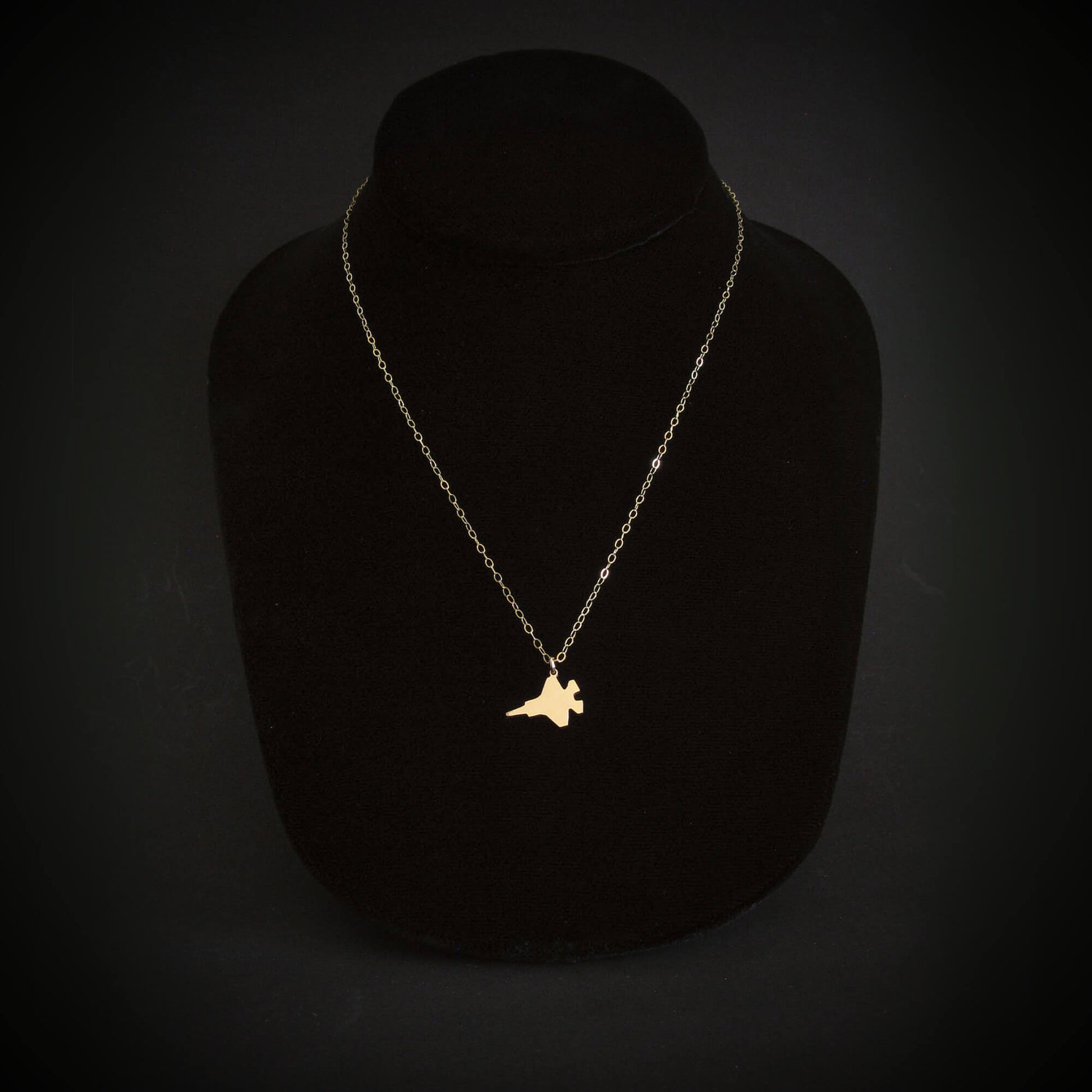 14k Gold F-35 Military Fighter Jet pendant on a chain against a black necklace bust and background