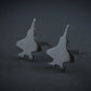 F-35 military jet-shaped stud earrings with a dark oxidized finish