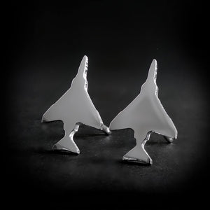 Polished Sterling Silver F-4 Phantom Military Jet airplane shaped earrings on a black background