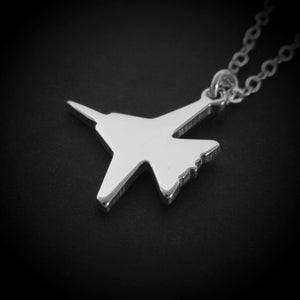 Close-up of handcrafted sterling silver F-14 Tomcat jet fighter pendant necklace, Navy aviation jewelry